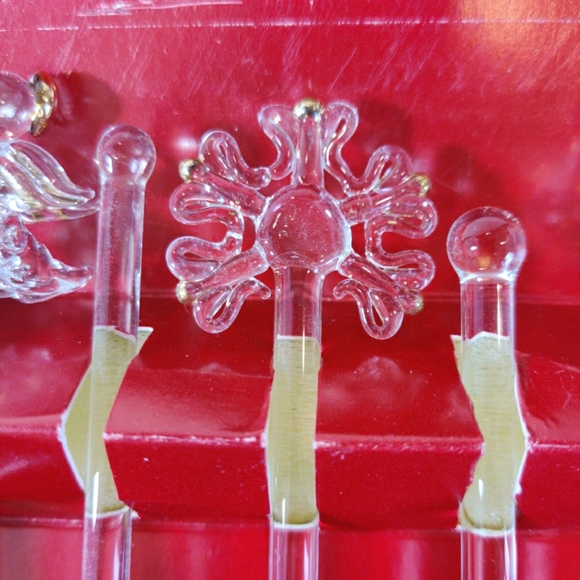 6 Clear Glass Swizzle Sticks Set Boston Warehouse Xmas Tree, Reindeer, Candle... - Picture 3 of 9